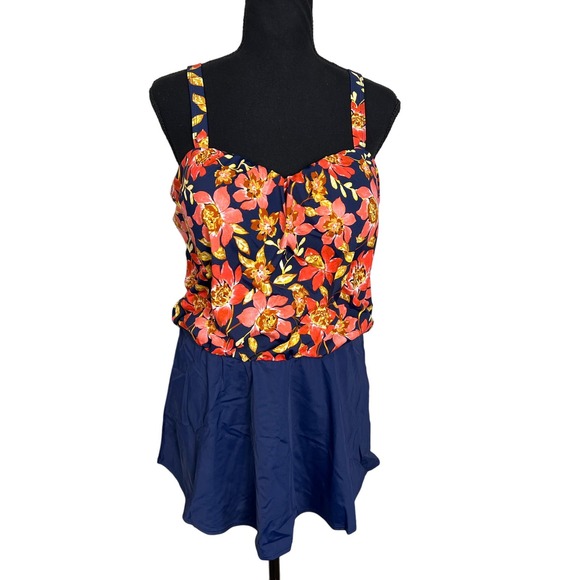 Denim & Co. Beach Sweetheart Neck Blouson Swim Dress NAVY FLORAL NWOT SIZE 12 - Picture 3 of 6